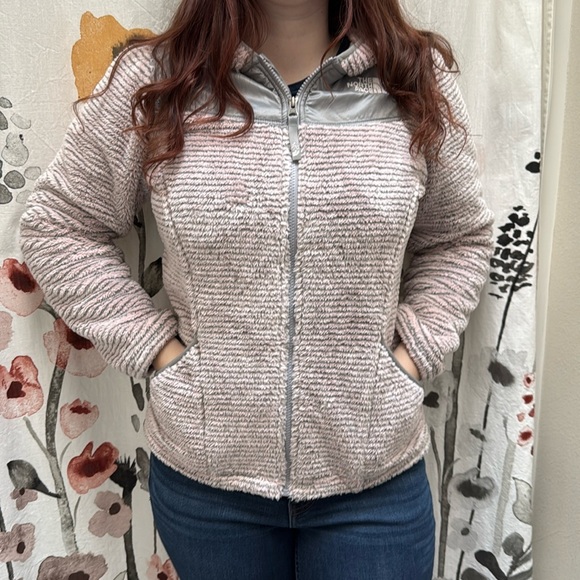 The North Face Other - Girl’s The North Face Oso Fuzzy Pink & Grey Striped Full Zipper Jacket. Size XL